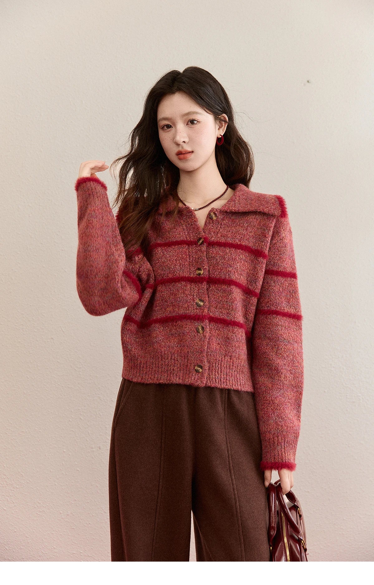 Mishow Red Striped Large Lapel Fleece Cardigan MXE94Z2888