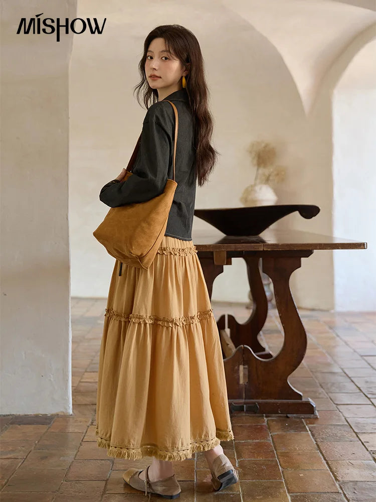 MISHOW Black Imitation Denim Shirt Side Lace-Up Lapel V-Neck MXE42C2374