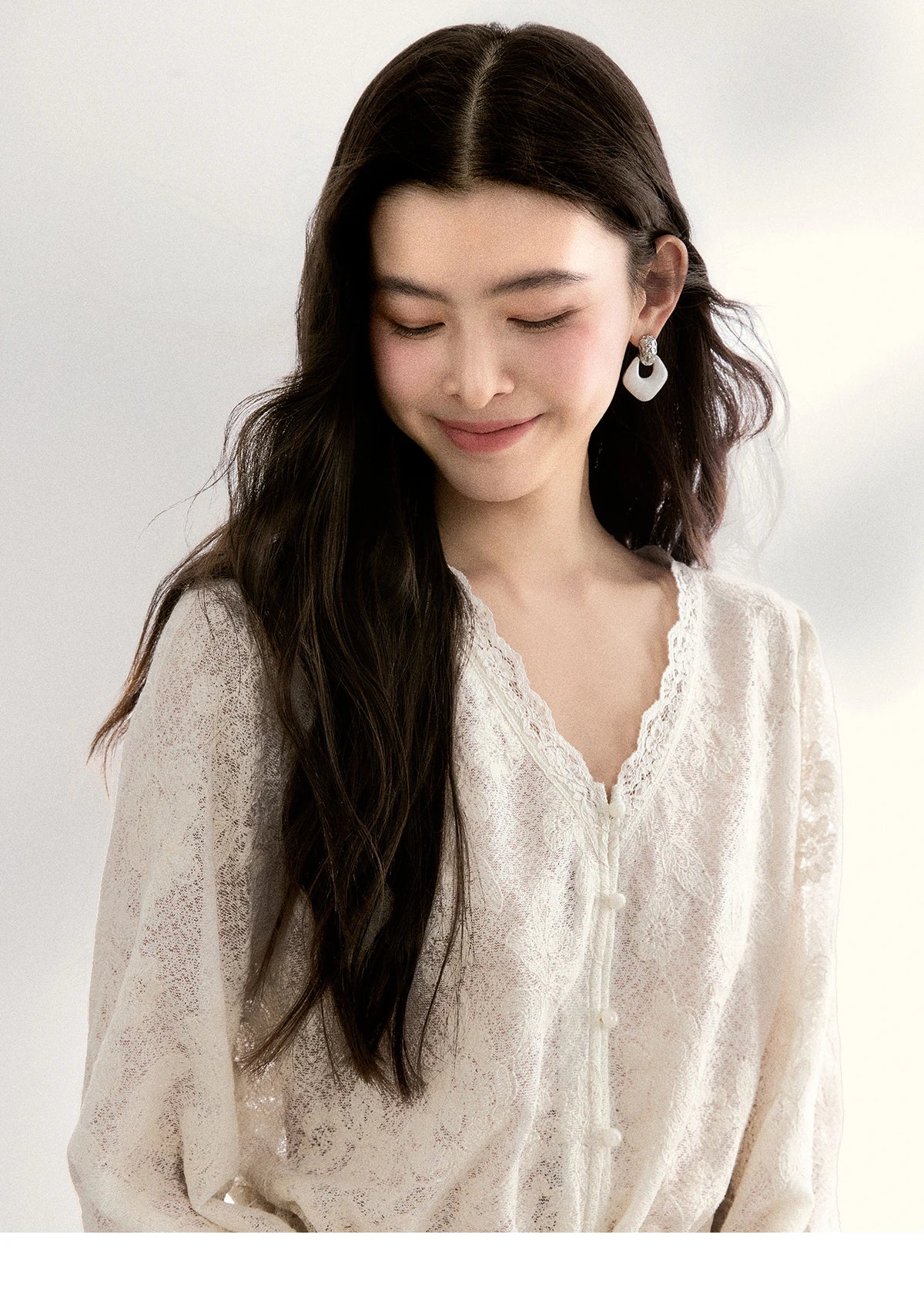 MISHOW Lace V-Neck Blouse Drawstring Waist Ruffled Hem MXF108X0998