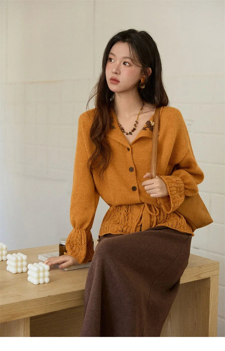 Mishow Orange Openwork Crochet Flared Sleeve Cardigan MXE87Z2685