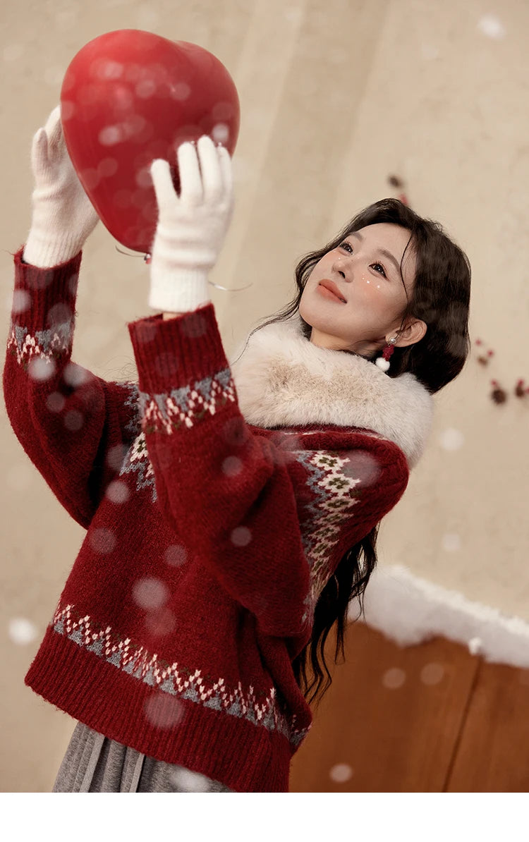 Mishow Red Fair Isle Raglan Sleeve Sweater MXD58Z1035
