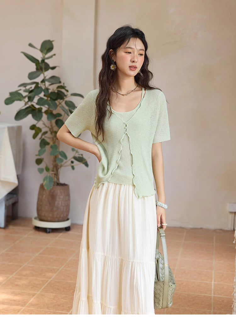 Mishow Mint Green Fake Two-Piece Short Sleeve Cardigan MXE36Z1286