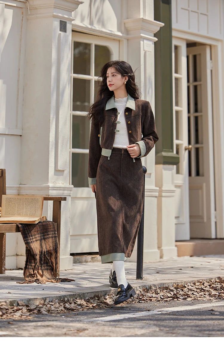 Mishow Fragrant Lapel Jacket & Contrasting Leather Skirt Set MXD43W0444