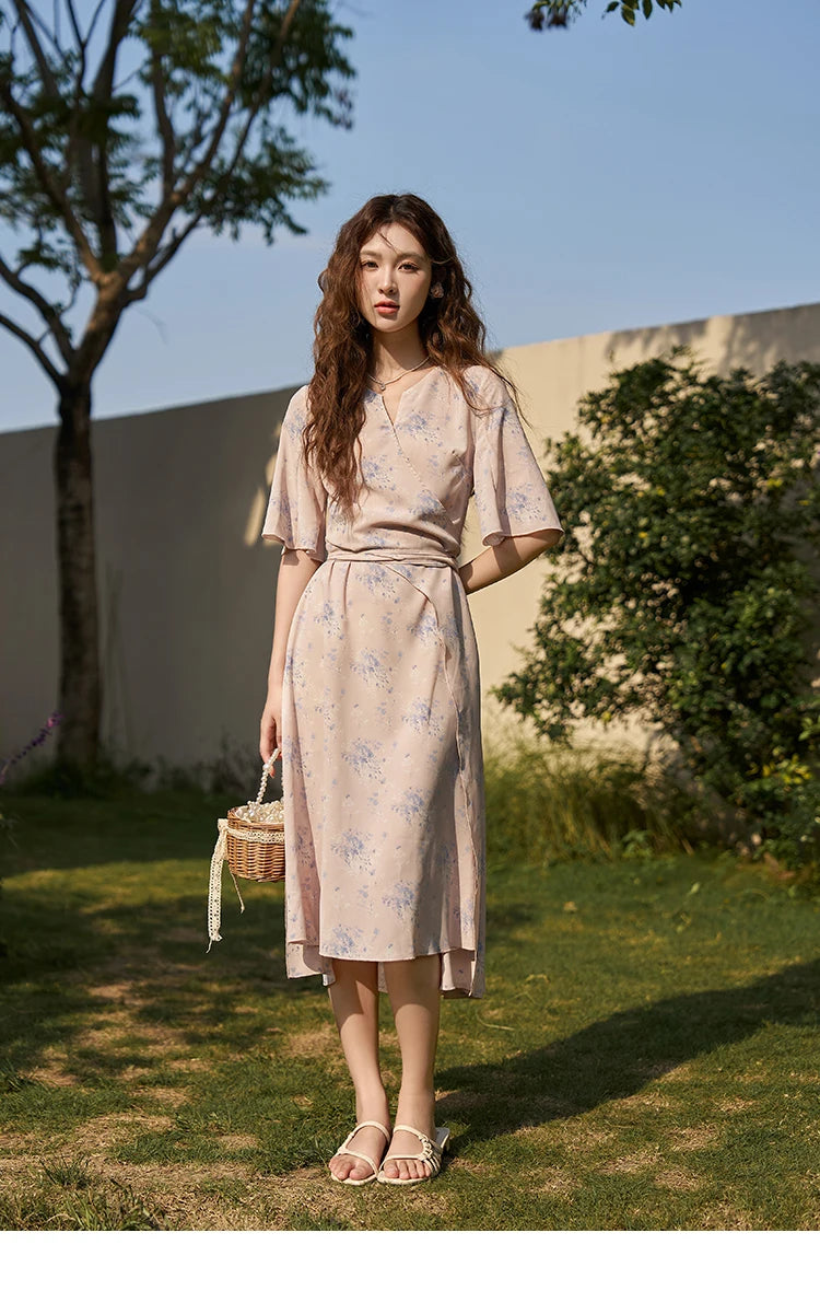Mishow French Floral Puff Sleeve Lace-Up Dress MXC38L1413