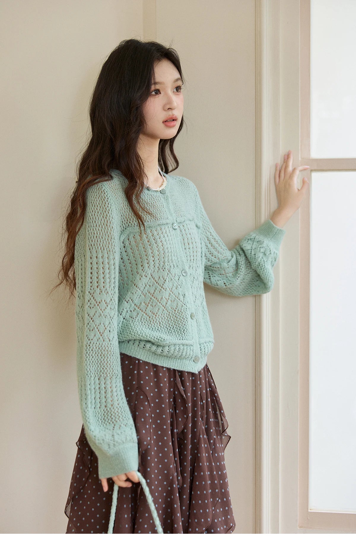 Mishow Mint Green Crew Neck Hollow Cardigan MXF108Z1046