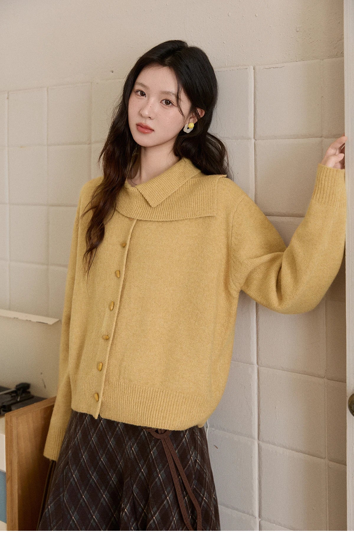Mishow Mustard Yellow Asymmetric Collar Dropped Sleeve Cardigan MXE93Z2936