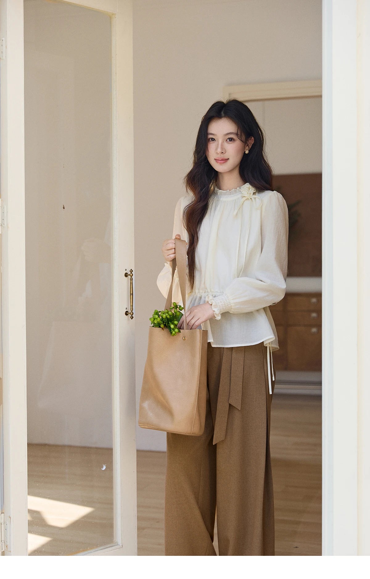 MISHOW Ruffled Stand Collar Blouse Drawstring Waist Puff Sleeve MXF11C2428
