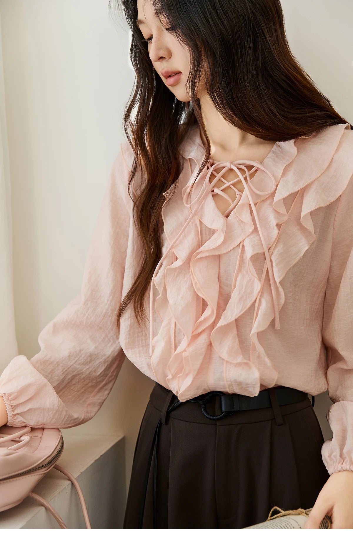 MISHOW Pink Ruffled Blouse V-Neck Lace Up Lantern Sleeve MXE49X2504