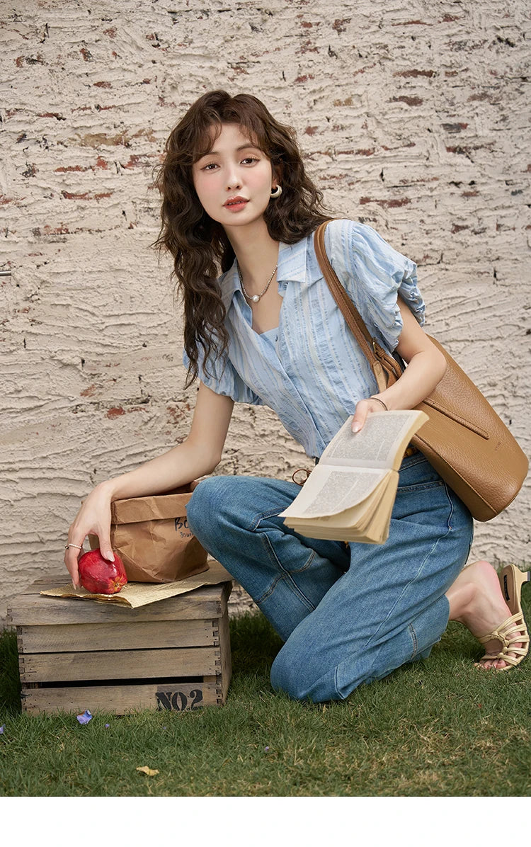 MISHOW Blue Striped Shirt Bubble Sleeves with Tube Top MXD24C0204