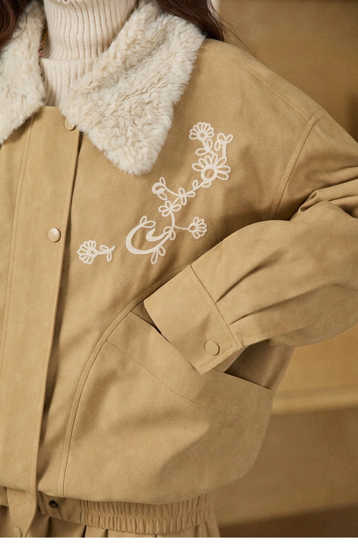 Mishow French Yellow Floral Embroidered Plush Zip-Up Coat MXE87W0932