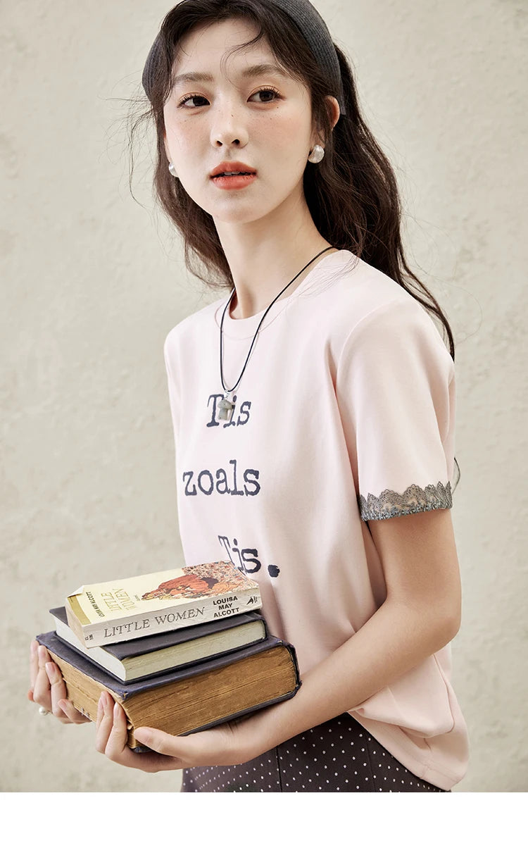 Mishow Pink Letter Print Lace Trim Tee MXE32T0529