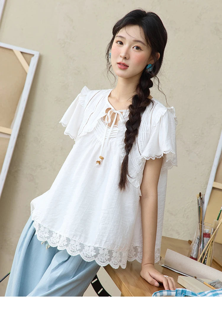 MISHOW White Lace Up Blouse Butterfly Sleeve Hollow Lace MXE34X1784