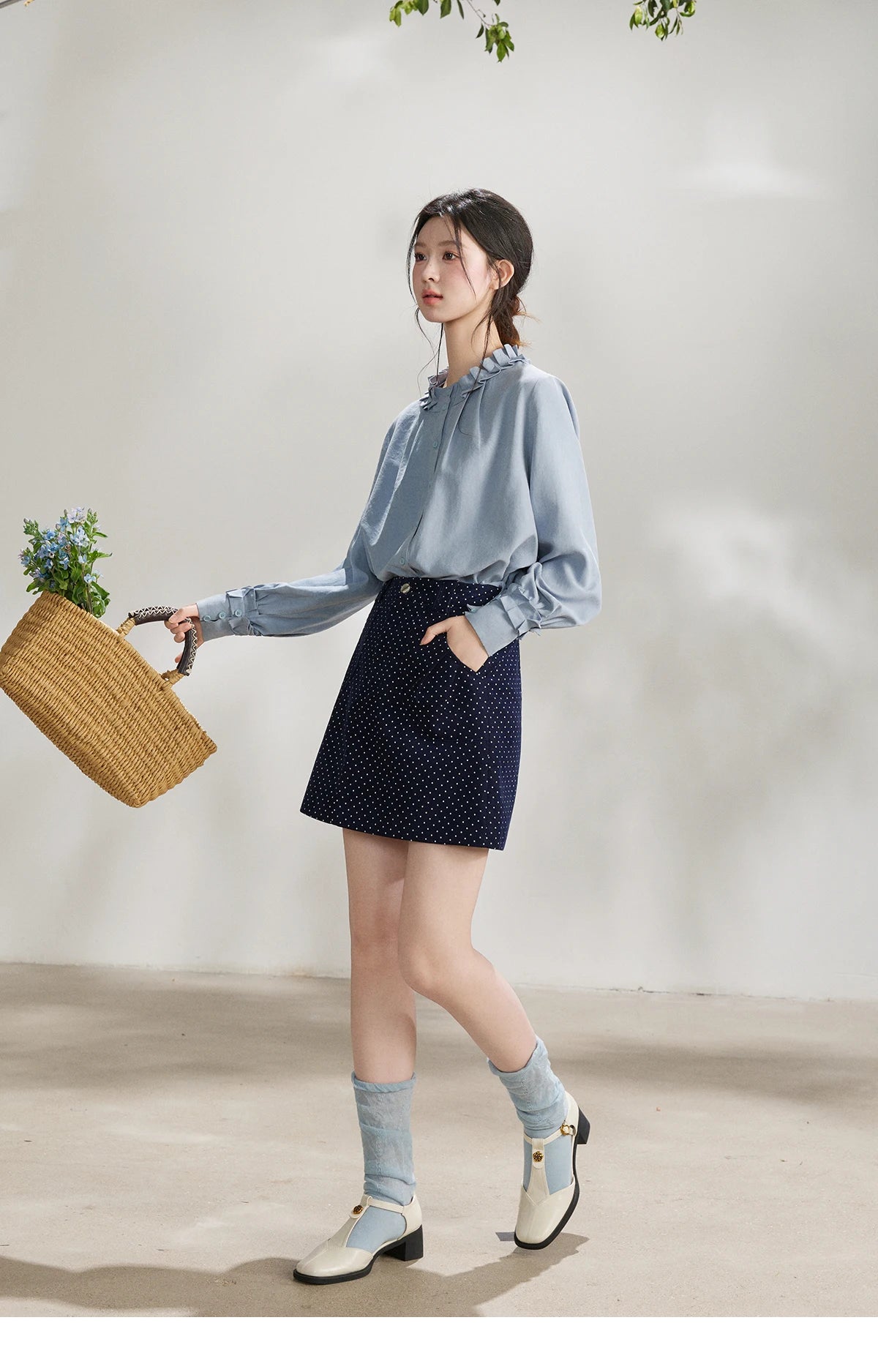MISHOW Peach Skin Solid Shirt Ruffled Crew Neck MXF11C2431