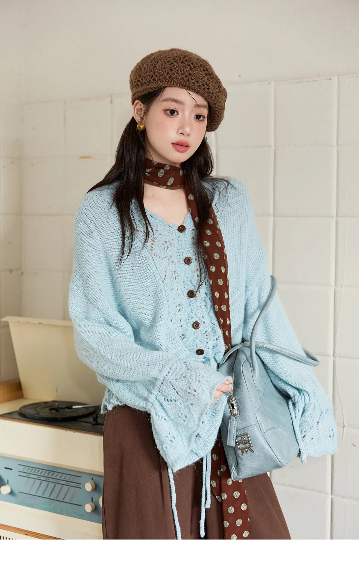 Mishow Hollow Knit V-Neck Flared Sleeve Cardigan MXE47Z2513