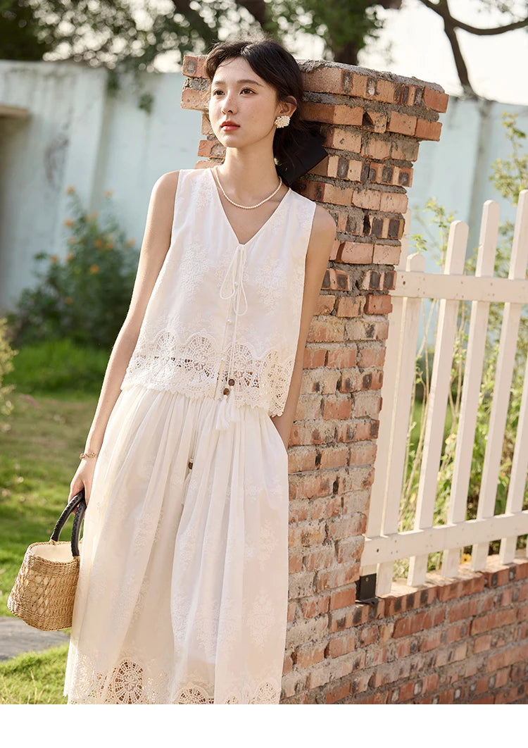 Mishow Embroidery V-Neck Lace Up Top & Elastic Waist Skirt Set MXE33T0593
