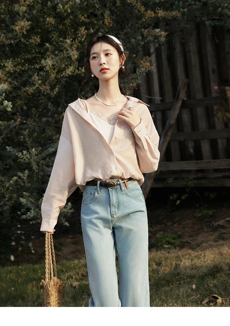 MISHOW Fake Two-Piece Blouse Turn-Down Collar Long Sleeve MXE16C0777