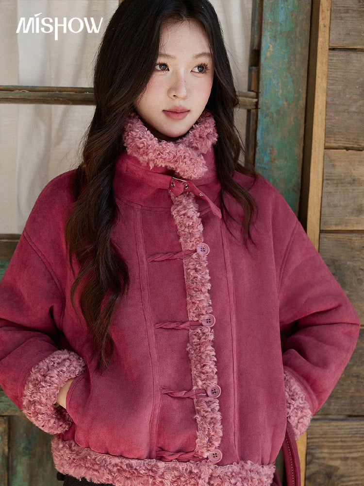 Mishow Dragon Fruit Red Suede Patchwork Coat MXE87W0942