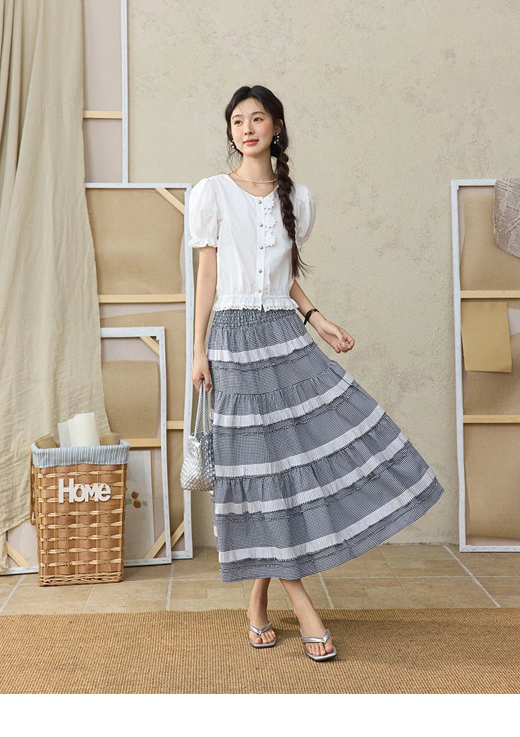MISHOW Lace Puff Sleeve Shirt Flower Buttons Hem Elastic MXE34X1820