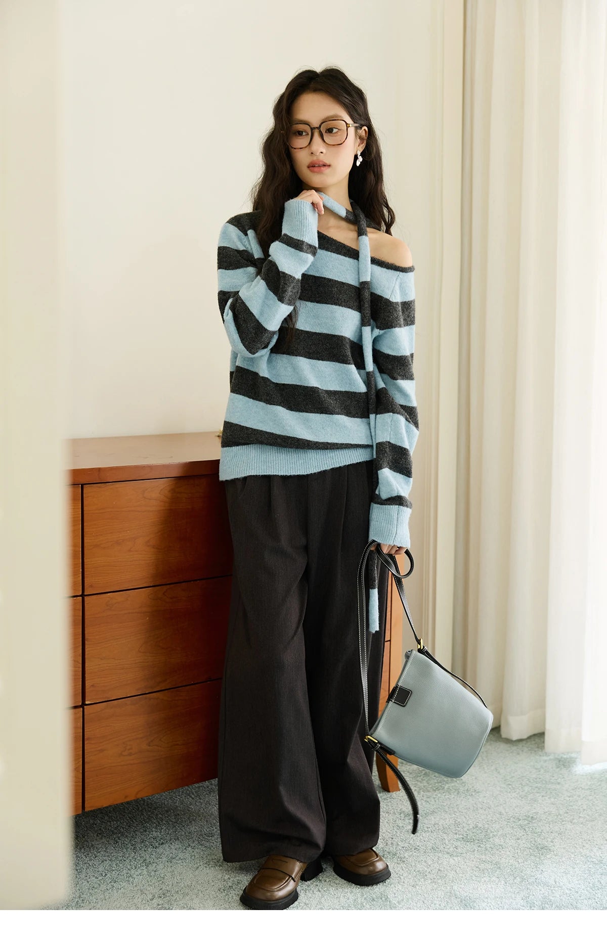 Mishow Blue Gray Slanted Shoulder Ribbon Sweater MXE46Z2540