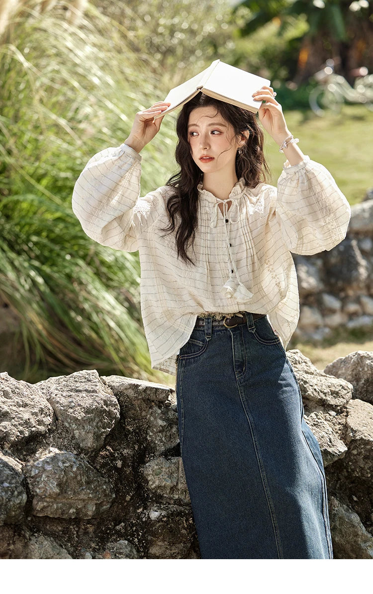 MISHOW French Striped Blouse Lace Collar Chiffon MXE12C0387