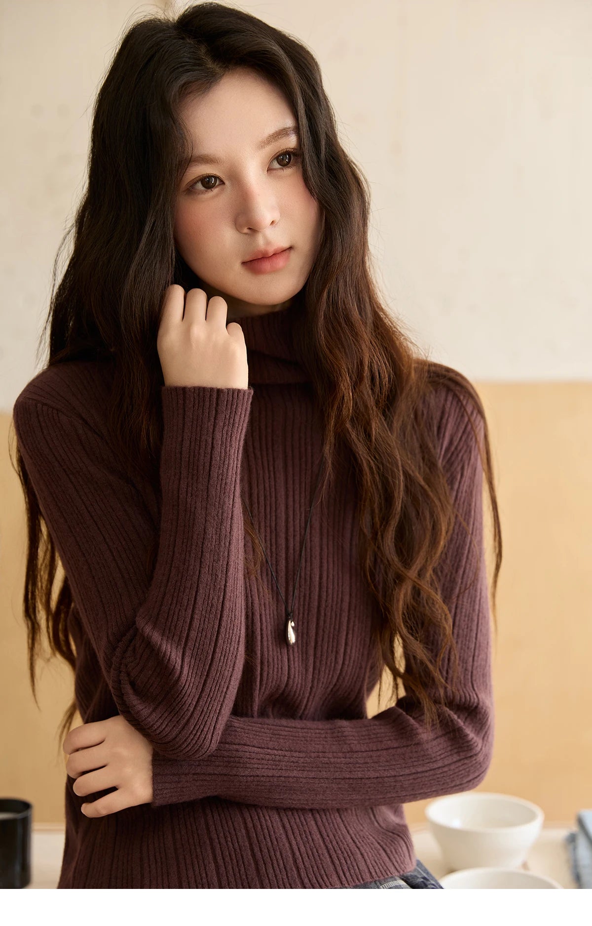 Mishow Solid Turtleneck Vertical Ribbed Slim Top MXE86Z2656