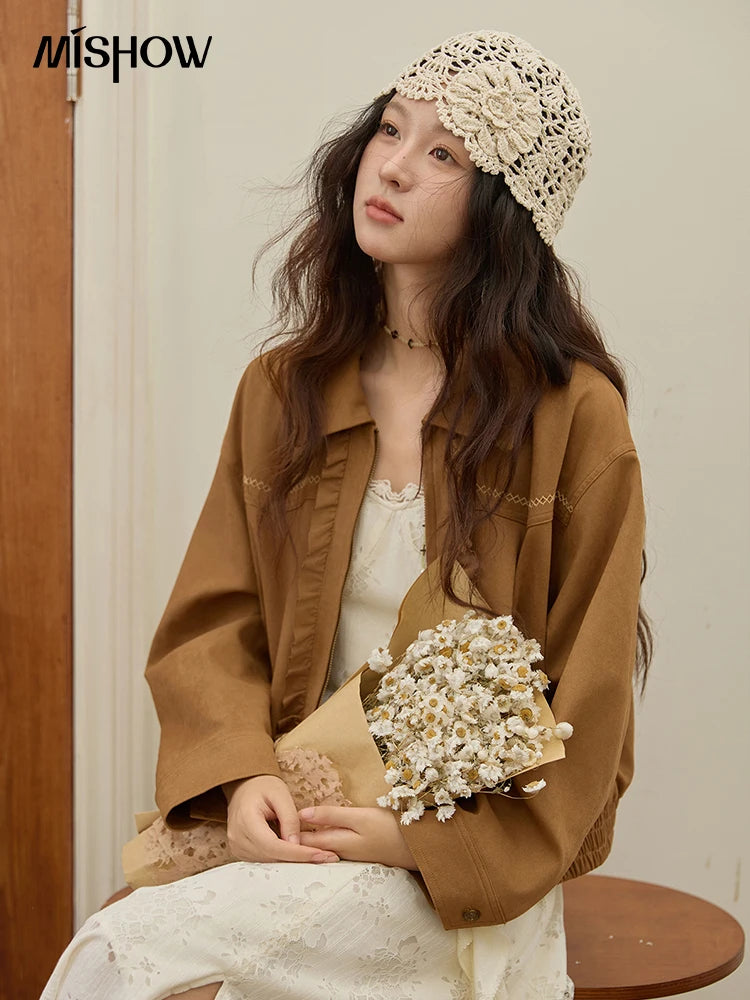 MISHOW Brown Suede Short Coat Fungus Edge Pleating Lapel Zipper MXE43W0803