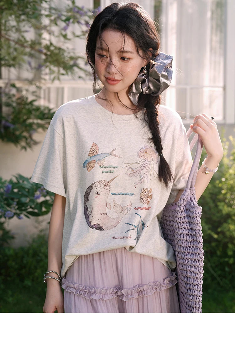 Mishow Cartoon Print Loose Cotton Tee MXE36T0575