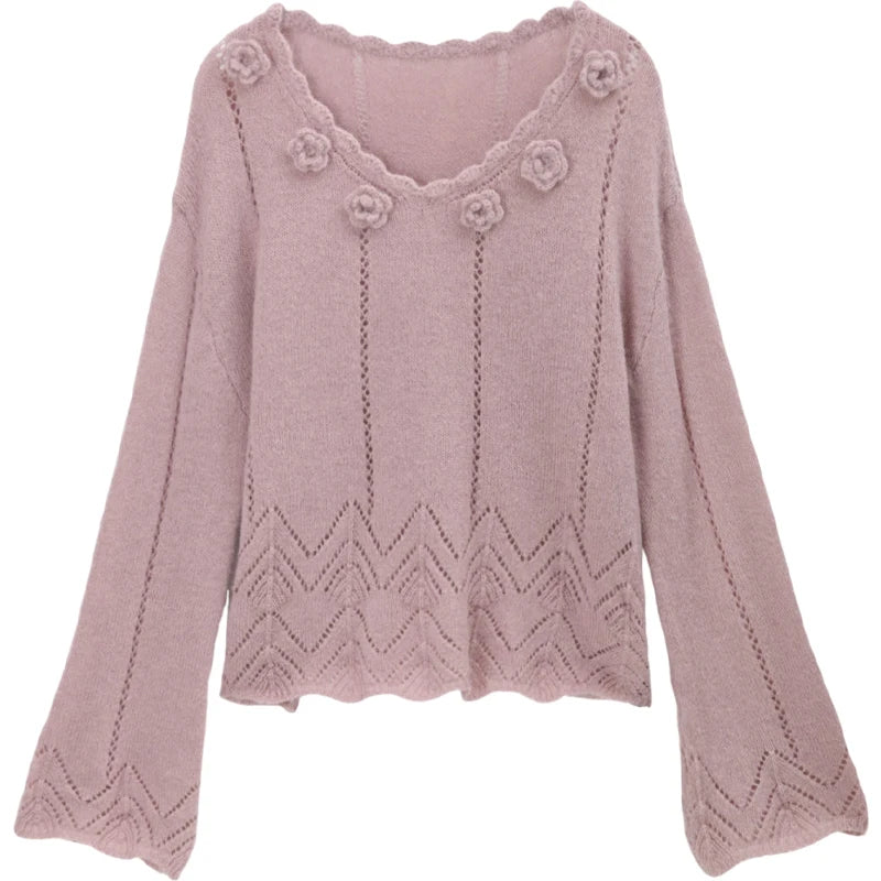 Mishow Purple Hollow Wave V-Neck Crochet Pullover MXE45Z1391