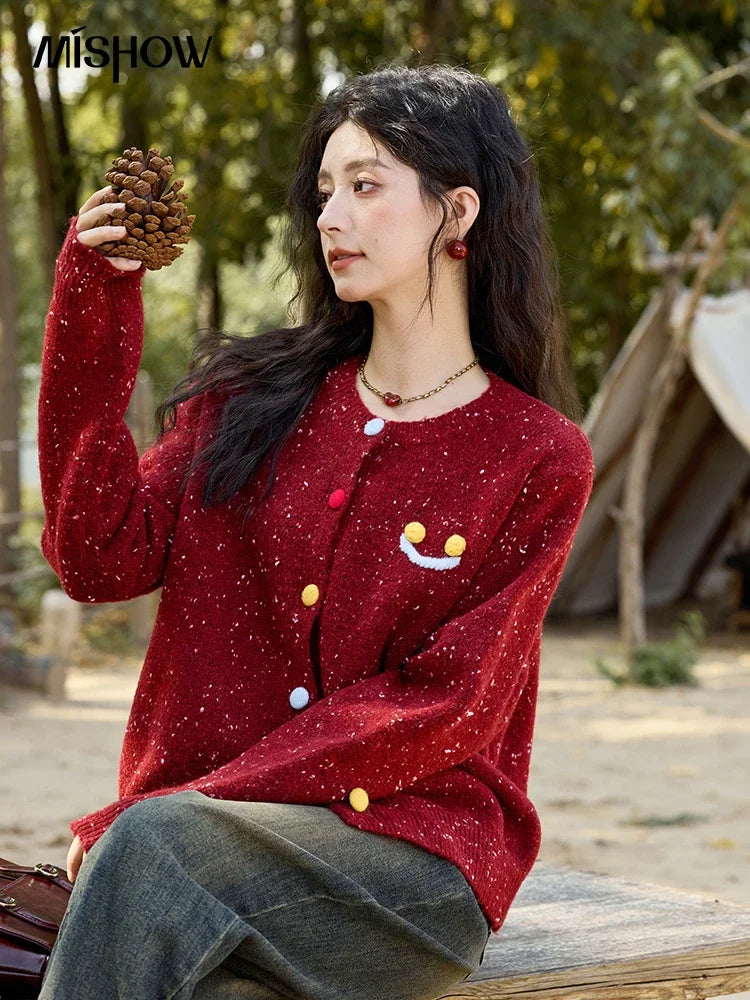 Mishow Smile Embroidery Contrast Color Wool Cardigan MXD35Z0988