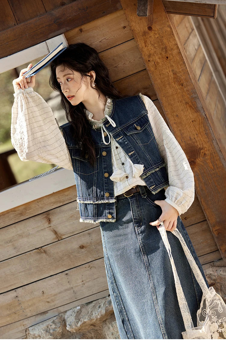 MISHOW French Striped Blouse Lace Collar Chiffon MXE12C0387