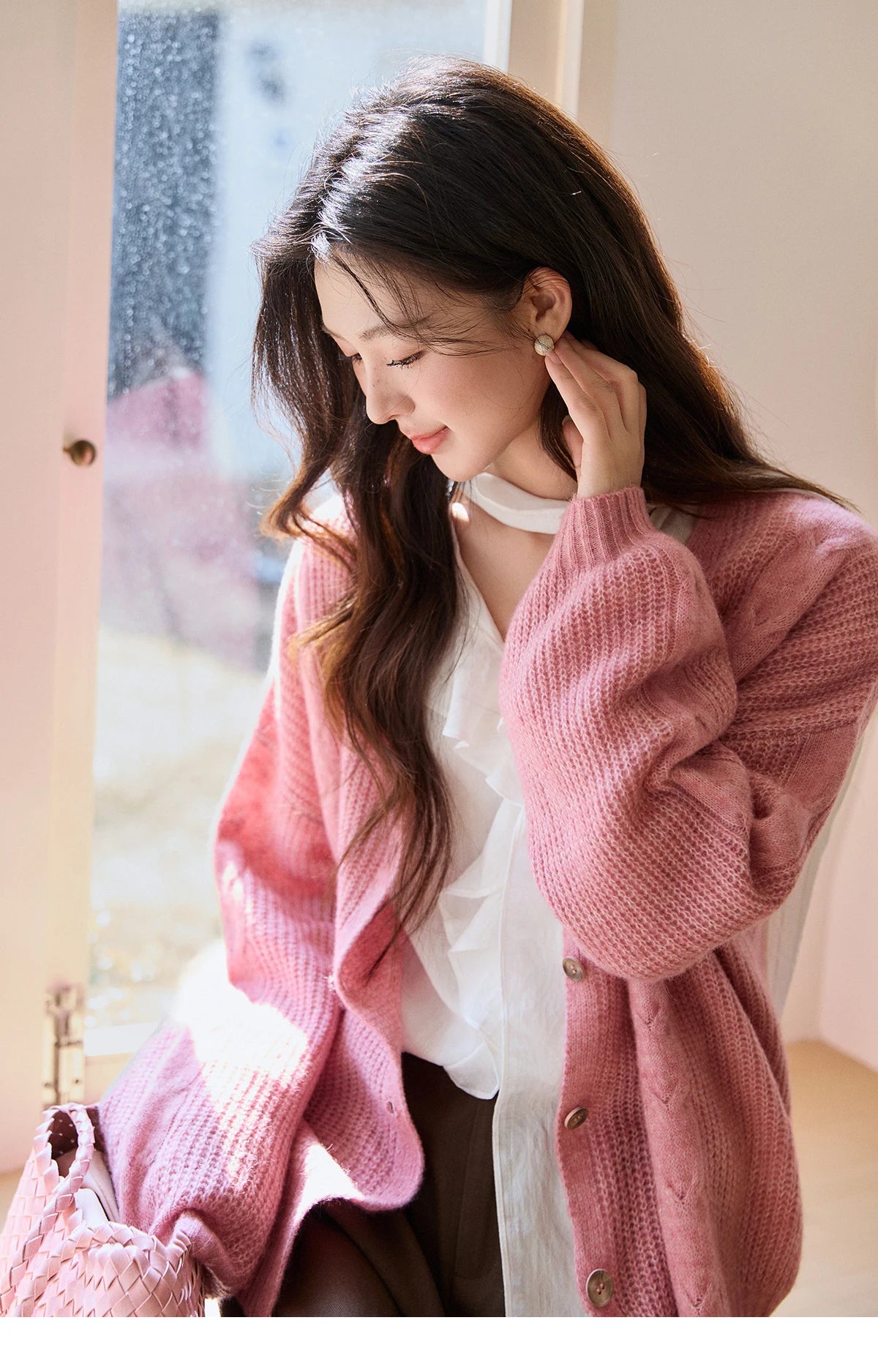 Mishow Dusty Pink V-Neck Knitted Cardigan MXF11Z2898