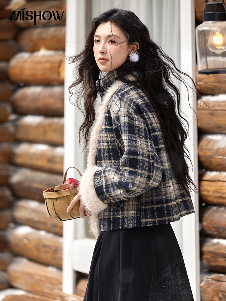 Mishow Vintage Plaid Fur Collar Stand Collar Jacket MXD36W0503