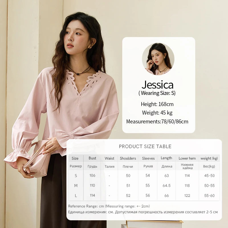 MISHOW French Style Hollow Out V-Neck Pink Blouse Long Sleeves MXE48X2502