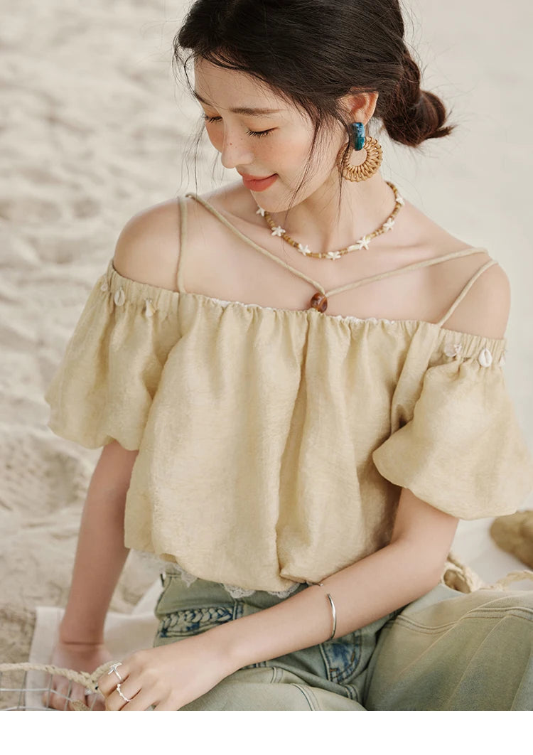 MISHOW French Camisole Shirt Off-Shoulder Lace Puff Sleeve MXE33X1755