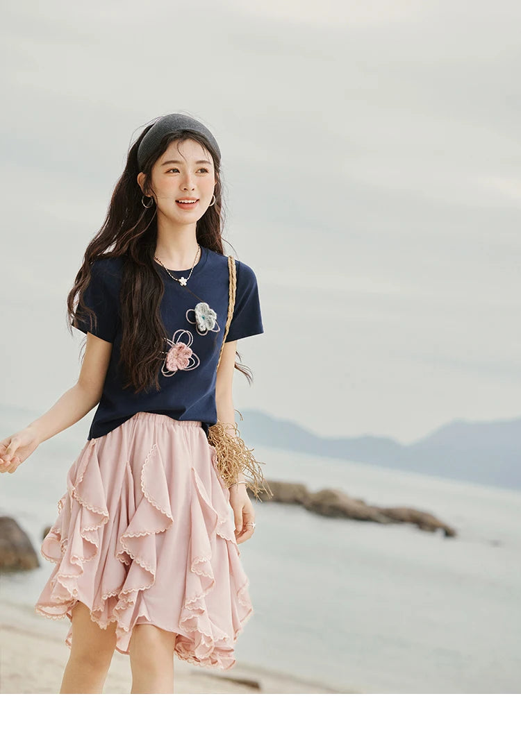 Mishow Flower Beaded Round Neck Tee MXE33T0499