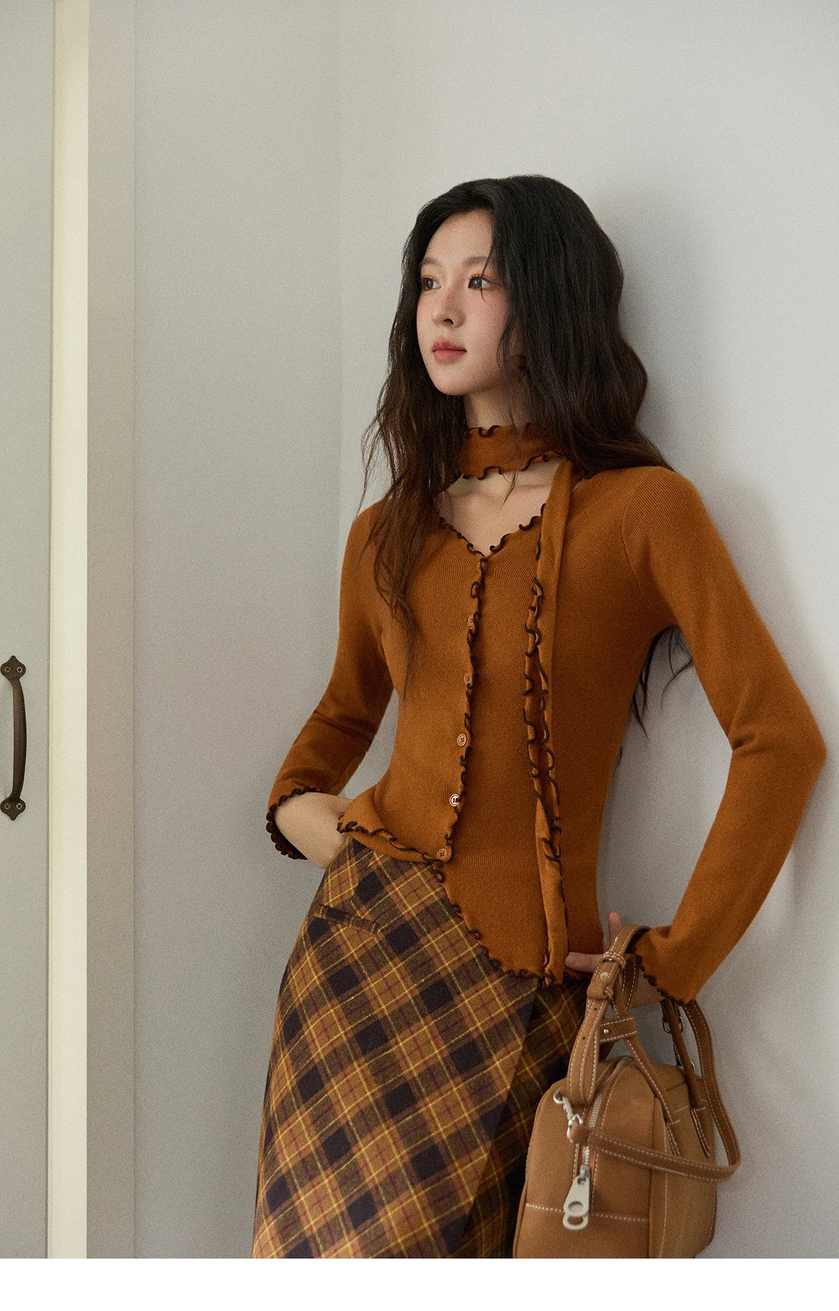 Mishow Ruffled Edge V-Neck Ribbon Knit Pullover MXE86Z2728