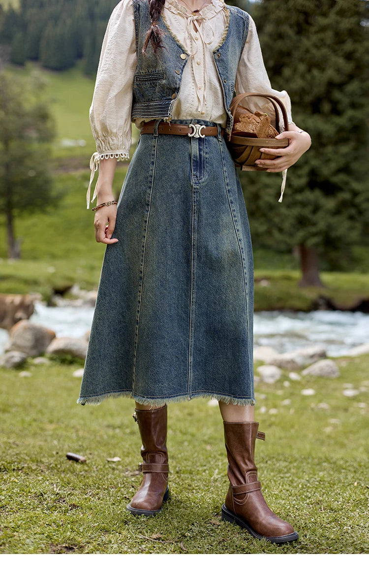 MISHOW Washed Hem Fringed Denim Midi Skirt A-Line Retro MXD41B0453