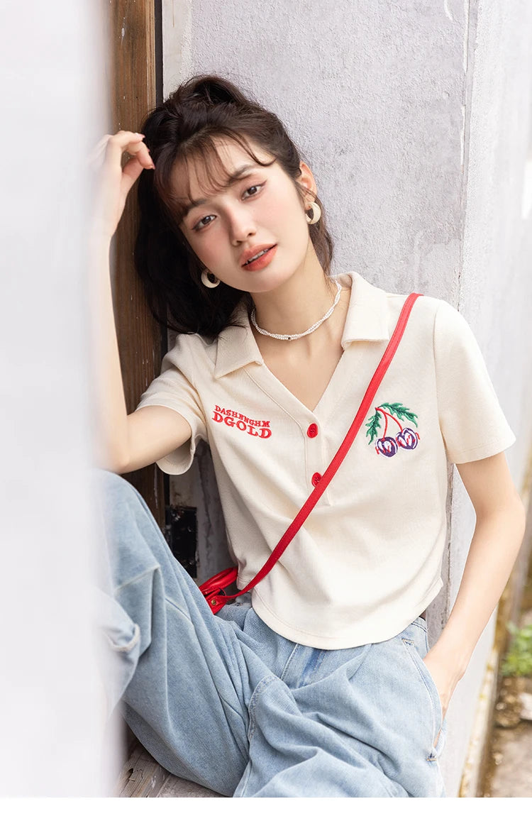 Mishow Korean Polo Collar Embroidery Letter Tee MXB32T0477