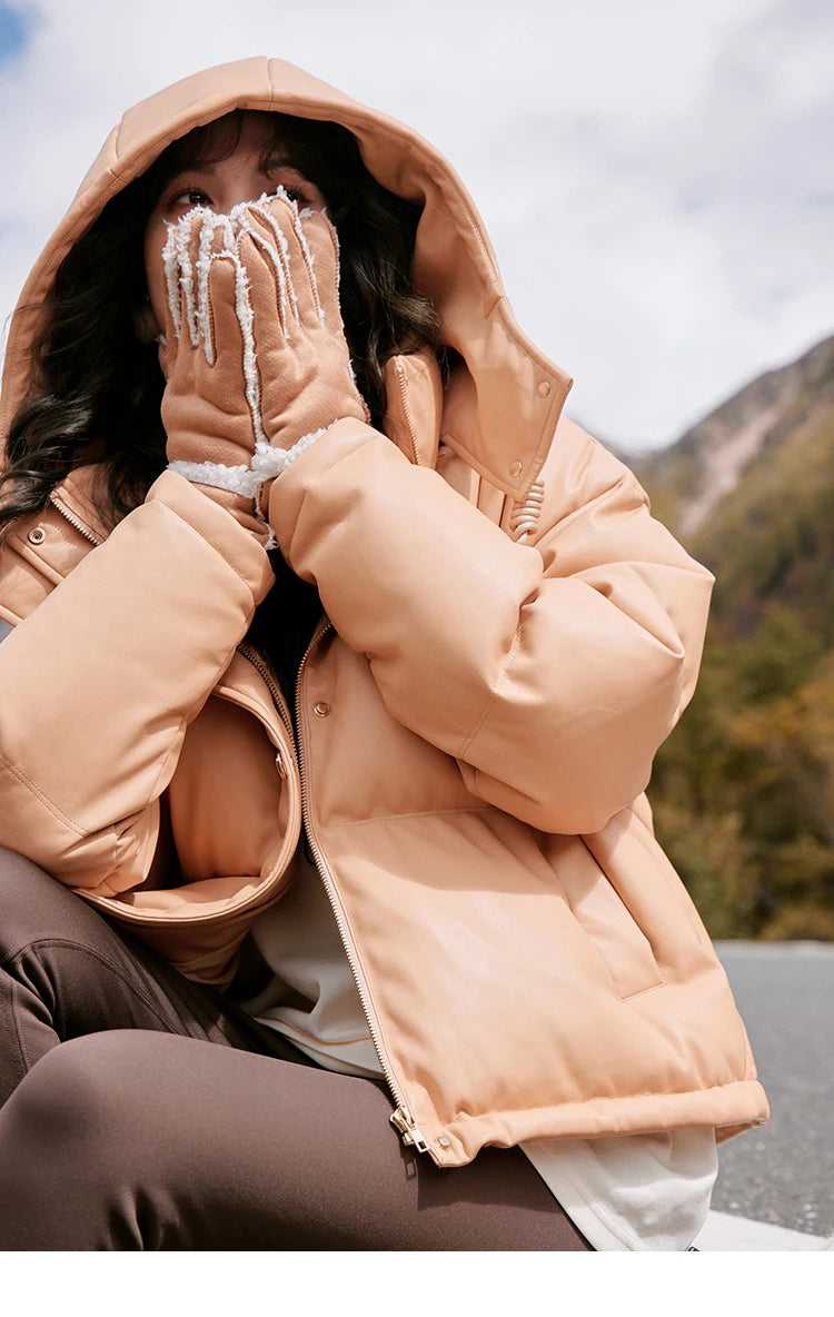 Mishow Hooded Imitation Leather Short Down Jacket MXC52Y0008