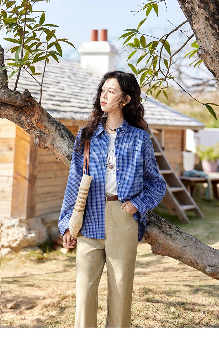 MISHOW Retro Blue Checkered Shirt Lapel Cotton Loose MXE11C0398