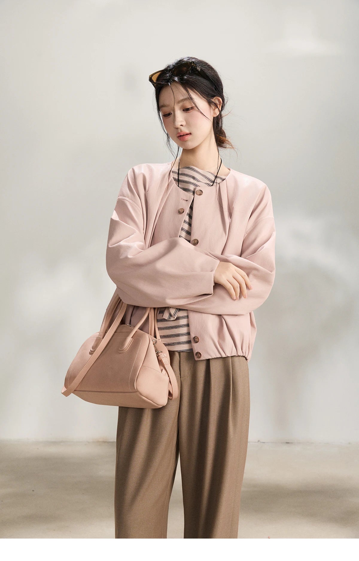 MISHOW Pink Flower Bud Leather Jacket Crew Neck Single-Breasted MXF108W1001