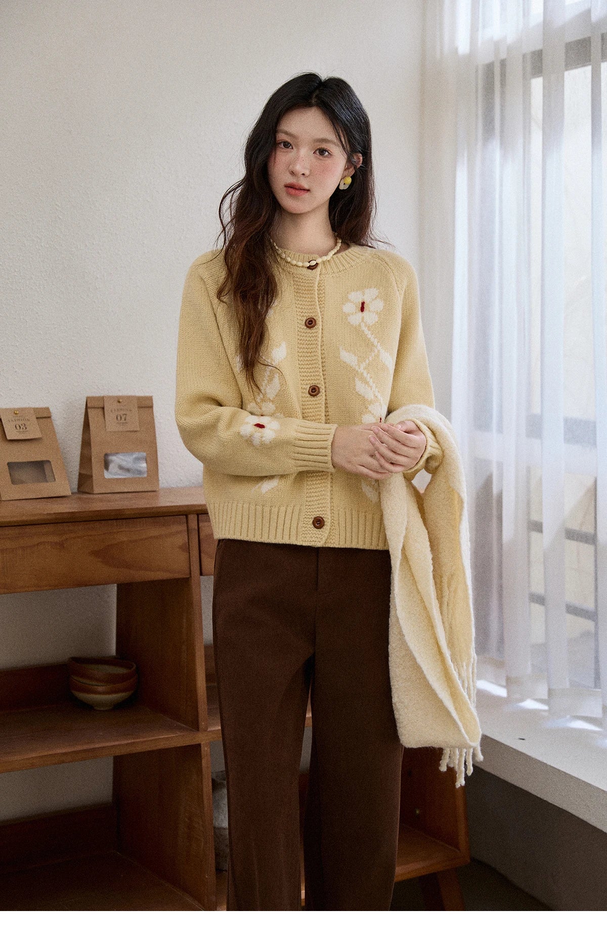 Mishow Yellow Floral Jacquard Retro Cardigan MXE86Z2738