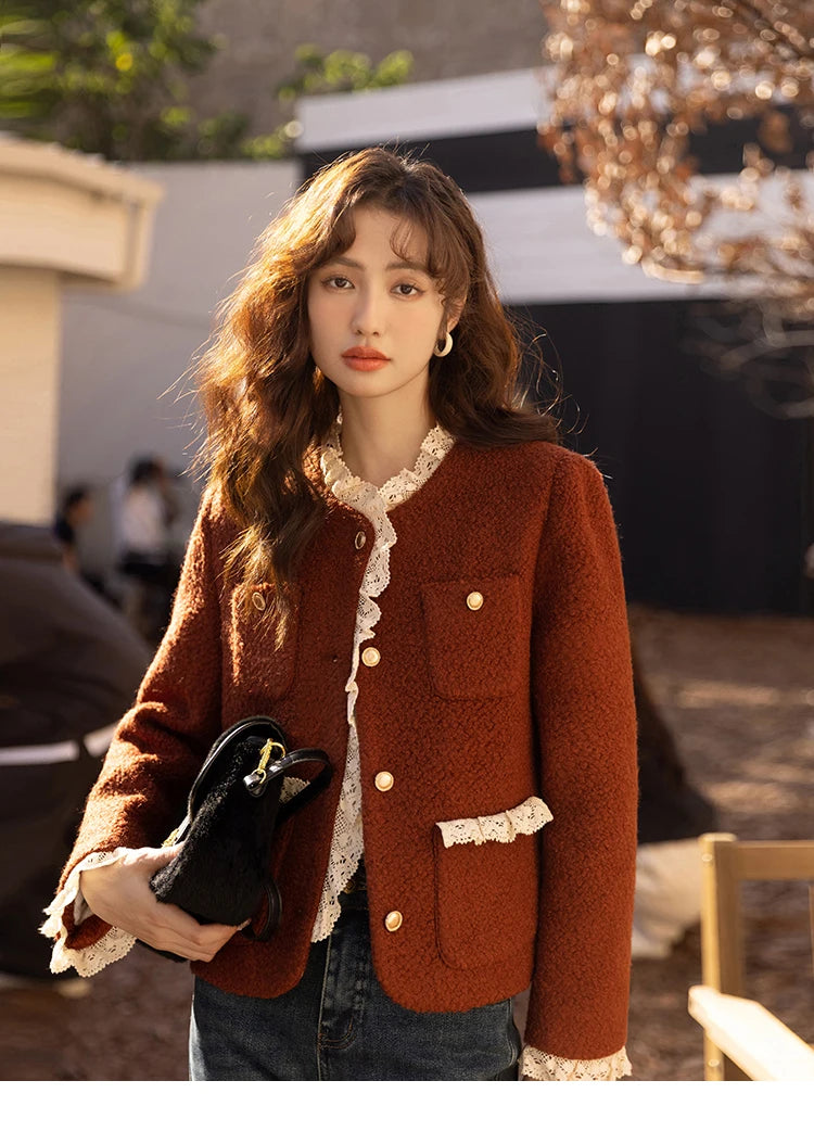 MISHOW Wool Coat Lace Splicing Lamb Wool Button Pockets MXB43W0720