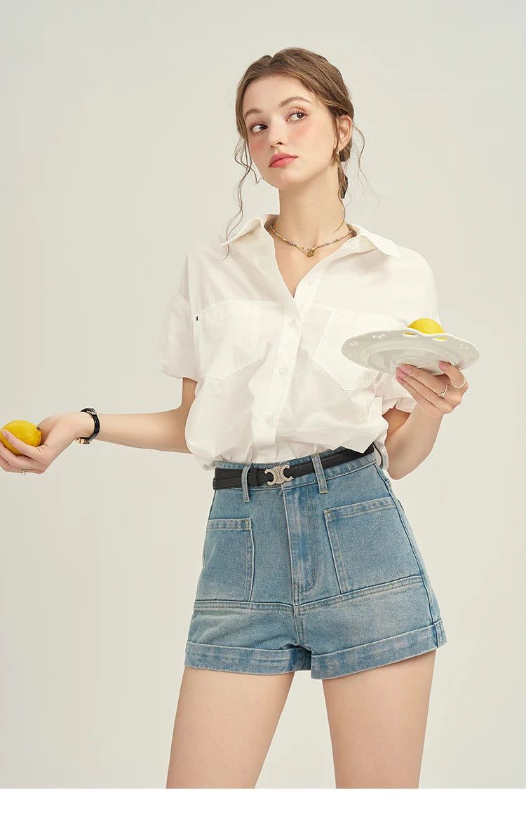 Mishow Denim Blue High Waist Straight Shorts MPD26K0618