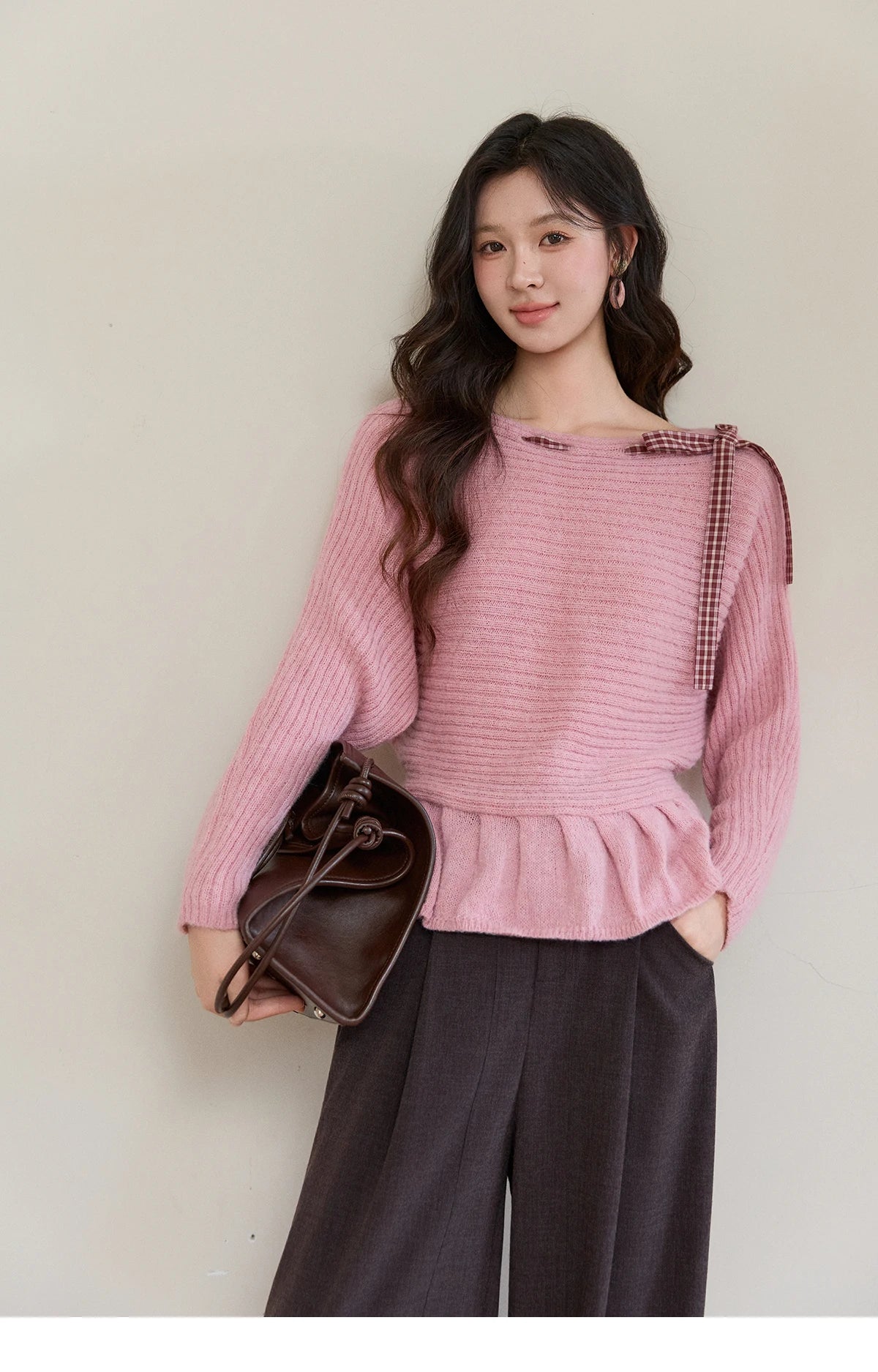 Mishow Pink Plaid Bow Peplum Ribbed Sweater MXF11Z3016