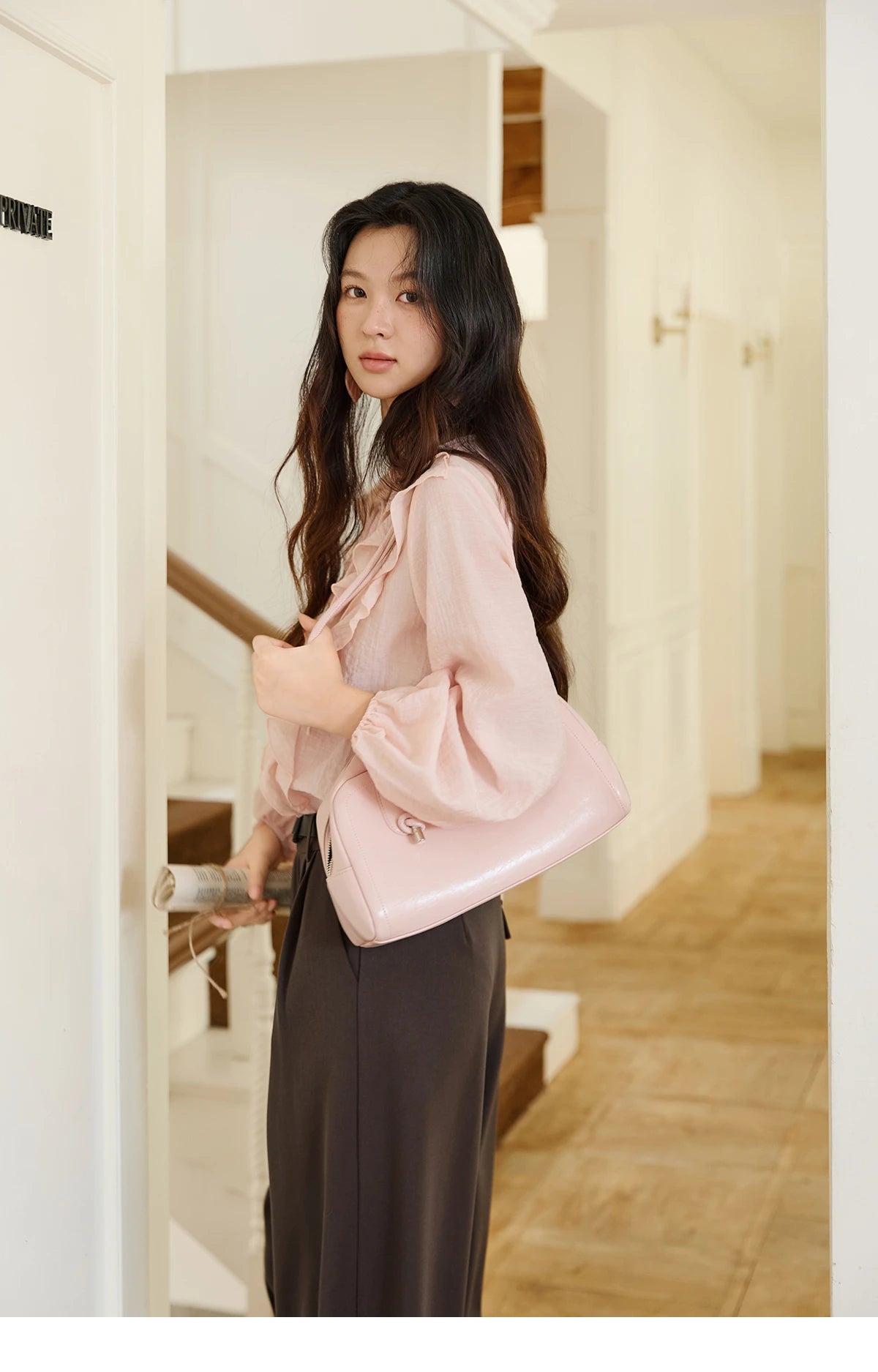 MISHOW Pink Ruffled Blouse V-Neck Lace Up Lantern Sleeve MXE49X2504