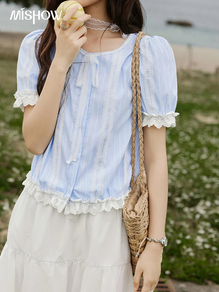 MISHOW Striped Blouse Short Puff Sleeve Lace Patchwork MXE32X1759