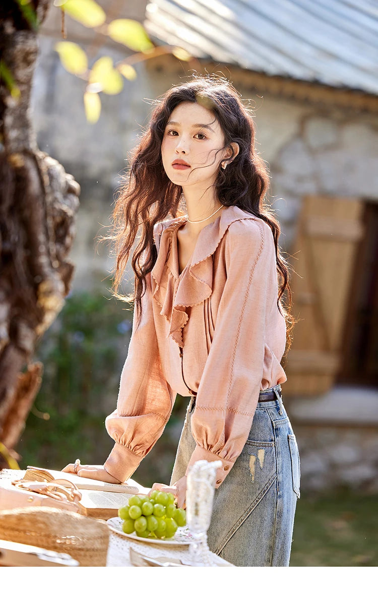 MISHOW Lotus Leaf Collar Shirt Bubble Sleeves Pink Chiffon MXE12X1702