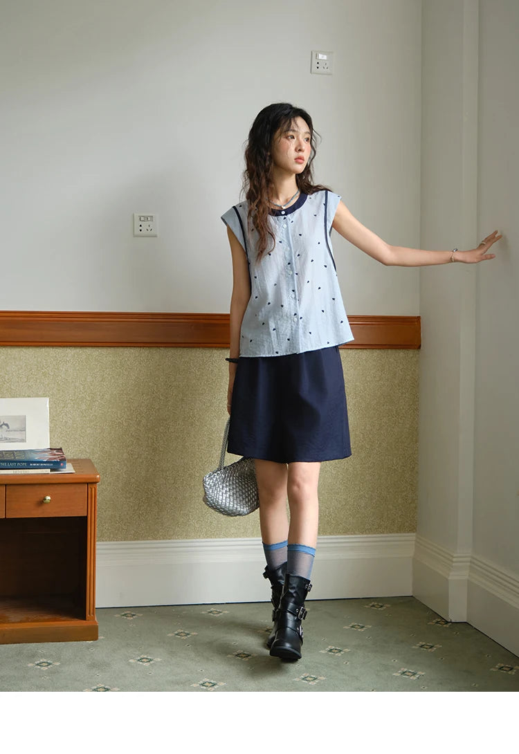 Mishow Sleeveless Button Shirt & High Waist A-Line Shorts Set MXE37T0656