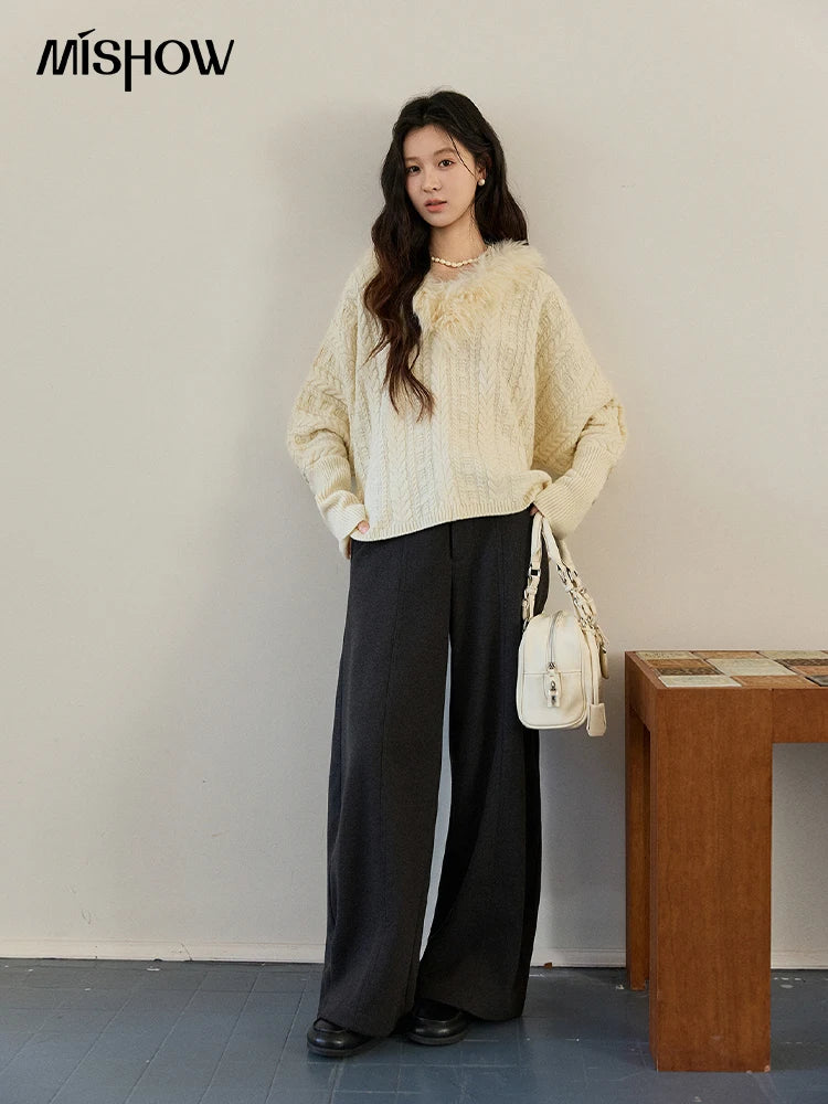 Mishow Faux Fur Collar Batwing Cable Knit Pullover MXE94Z2985